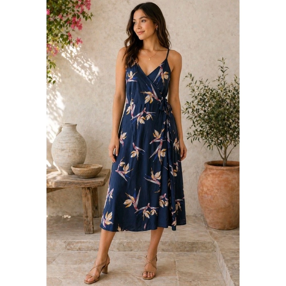 Amour Vert SILK WRAP DRESS Floral Bird Print Midi Adjustable Straps USA Sz L